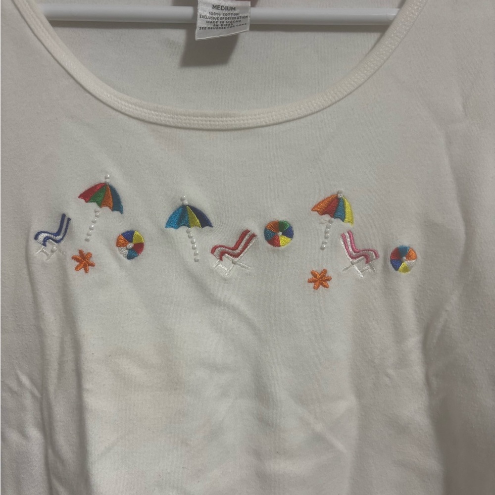 Quacker Factory White Tee with Colorful Umbrella Embroidery - Picture 2 of 6